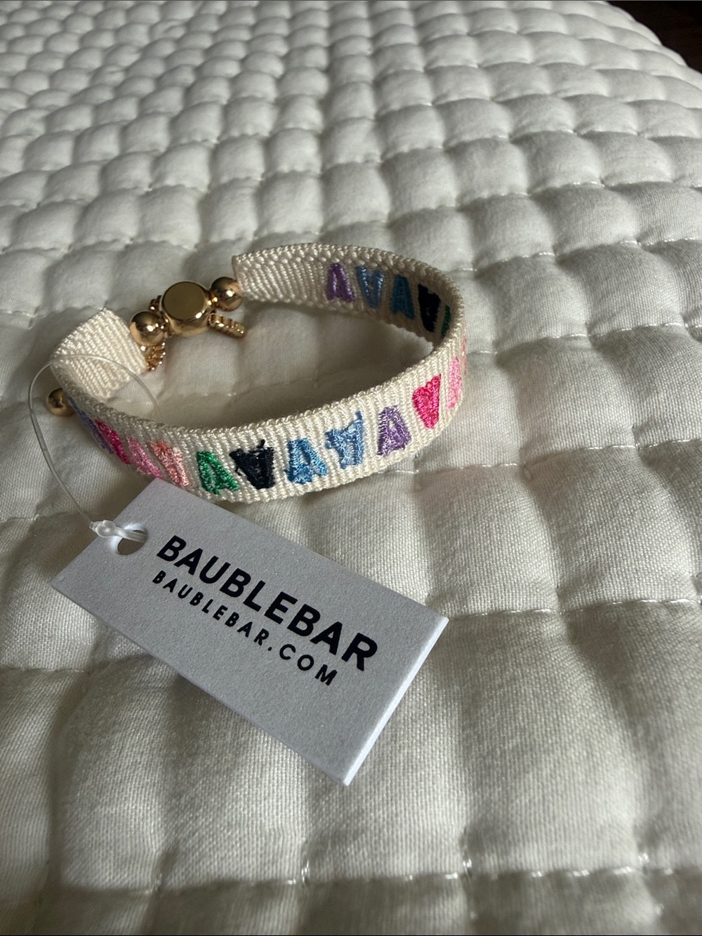 BaubleBar “A” Cream Woven Bracelet with Multicolor Embroidery- NWT